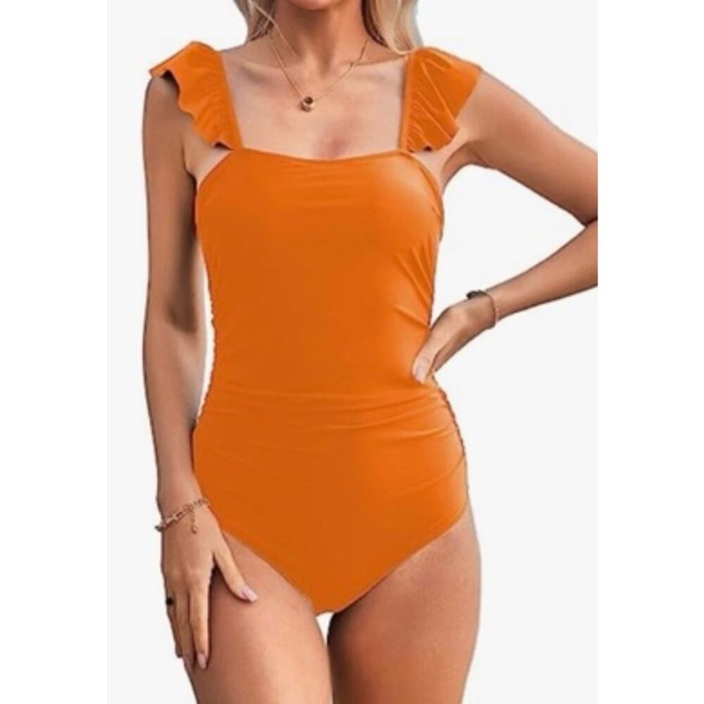 Hilinker Orange Ruffle Shoulder One Piece Swim Suit L NWT